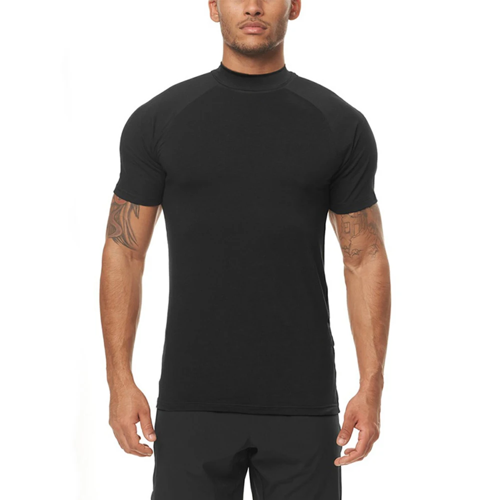 

Men Bodybuilding Sports T-shirt Quick Dry Running Shirt Short Sleeve Compression Gym T Shirt Mens Fitness Turtleneck Tight Tees