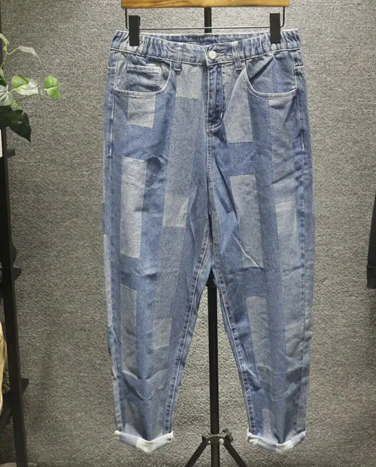 Men Jeans Plaid Denim Pants Men's Straight Loose Fashion Casual Denim Wide Leg Daddy Pants