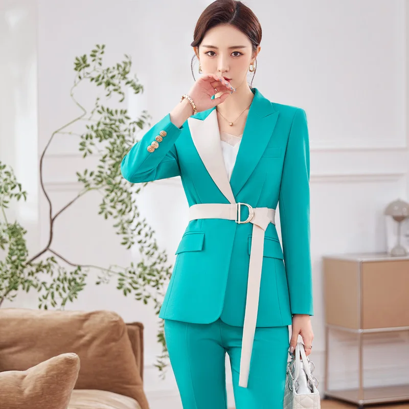 IZICFLY New Style 2023 Spring Summer Blue Business Suits Slim Office Blazer And Pant Sets For Women Work Wear Uniform With Belt