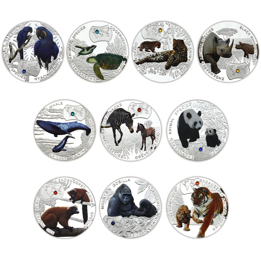 

World Endangered Rare Animal Commemorative Coin Panda Lemur Blue Whale Inlaid Crystal Metal Coin Collection Holiday Gift