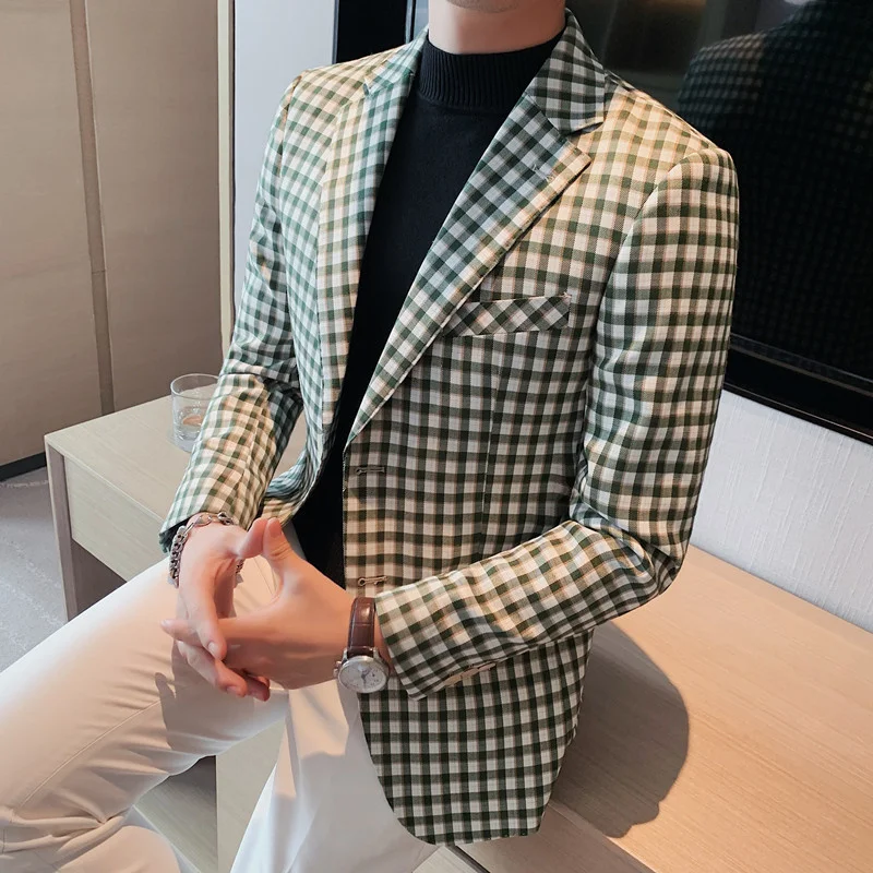 

Autumn Winter Weave Lattice Men Blazers Slim Casual Business Suit Jacket Street Wear Social Wedding Dress Coat Costume Homme