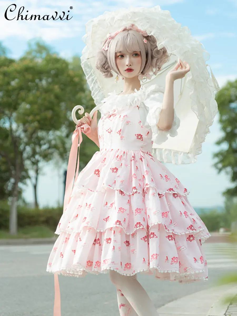 

Fashion Lolita Suspension Dress for Women 2023 Spring New Cute Sweet Mid-Length A- Line Cake Dress Female Student Summer Dress