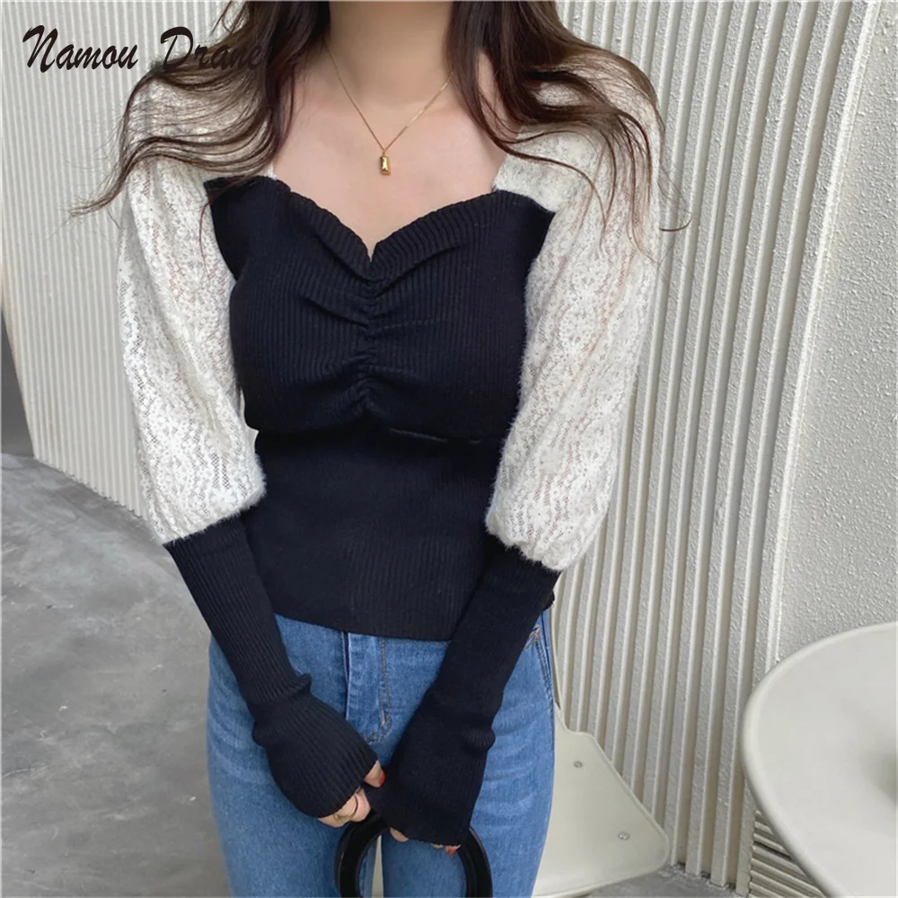 

Namou Drane Elegant Folds Patchwork Women Sexy Blouses Bottomed 2022Slim V-Neck Office Lady Streetwear OL Tops New Casual Shirts
