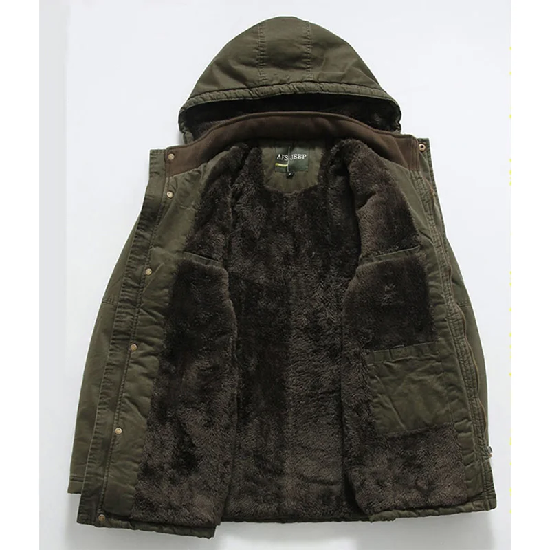 Plush Jacket for Men Medium Long Winter Coat Military Large Size Cotton Padded Jacket Male Casual Hooded Parkas Ropa Hombre