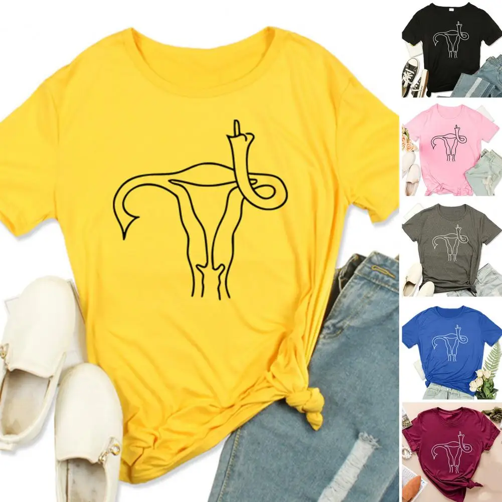 

O-neck Short Sleeve Loose Feminist Top Uterus Middle Finger Pattern Women T-shirt Streetwear