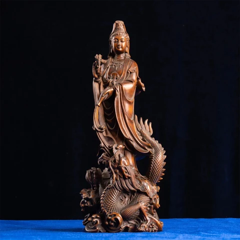 Дракон Гуань Инь Бодхисаттва Резьба по дереву, Статуя Будды, Ручная работа из самшита премиум-класса, Изысканный