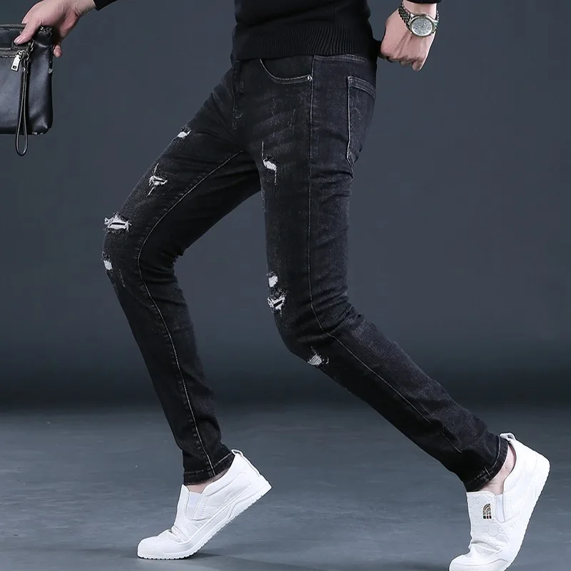 Autumn Black Ripped Jeans Men Fashion Casual Slim Fit Pencil Pants Streetwear Denim Trousers