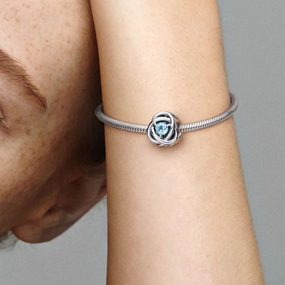 Pandora March Sea Aqua Blue Eternity Circle Charm 925 Silver Original Moments Bangle DIY Jewelry 790065C09