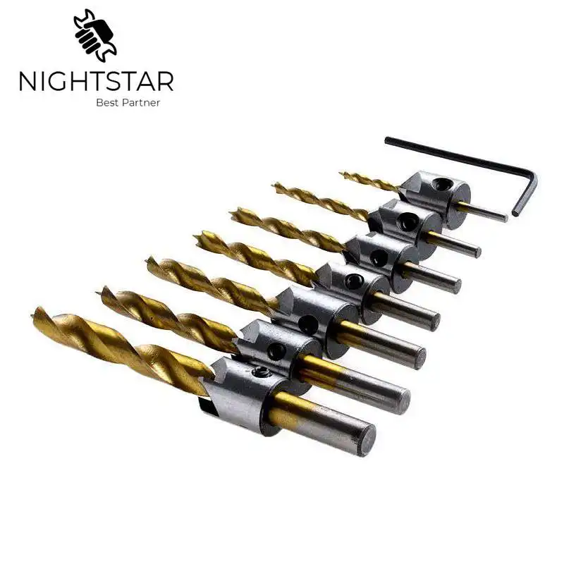 

7Pcs Titanium Drill Bit Set Reamer Woodworking Chamfer 3 4 5 6 7 8 10mm Quick Change Steel Countersink Drill Set