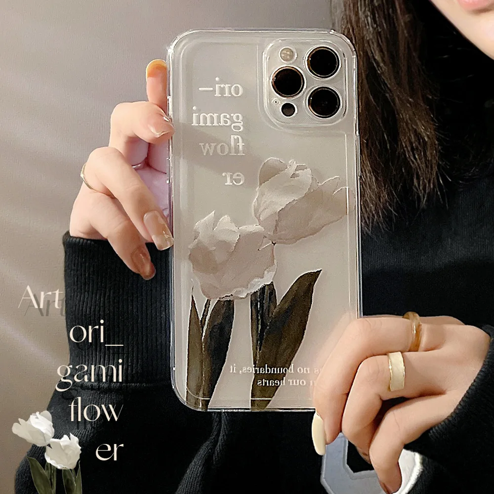 

Retro cold cool white flowers transparent Phone Case For iPhone 13 11 12 Pro Max XR Xs Max 7 8 Plus Case Cute Cartoon Soft Cover