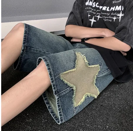 

Five Pointed Star Patch Denim Shorts Men 2023 Summer New American Hip-hop Street Trend Loose Shorts Vintage Washed Casual Pants