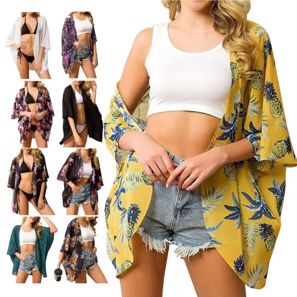 

Шифоновая Женская свободная накидка-кимоно с коротким рукавом и цветочным принтом