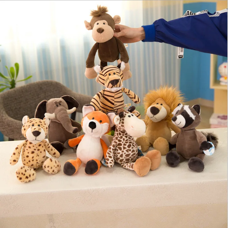 

25cm Simulation Forest Animals Plush Toys Stuffed Lifelike Lion Tiger Elephant Monkey Leopard Giraffe Raccoon Doll for Kids Gift