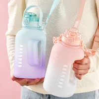 2l large capacity plastic water bottle with straw sports water bottle gym summer outdoor with scale gradient straw type adults