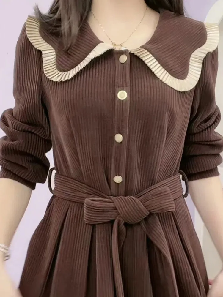 

QWEEK 2023 Kawaii Lolita Sweet Dress, мягкое вельветовое платье для девушек, ремень с воротником Питер пон, большие размеры, женское платье, осенняя мода, новинка