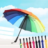 long straight handle umbrella 16k strong windproof solid color pongee umbrellas rainbow men women sunny rainy bumbershoot