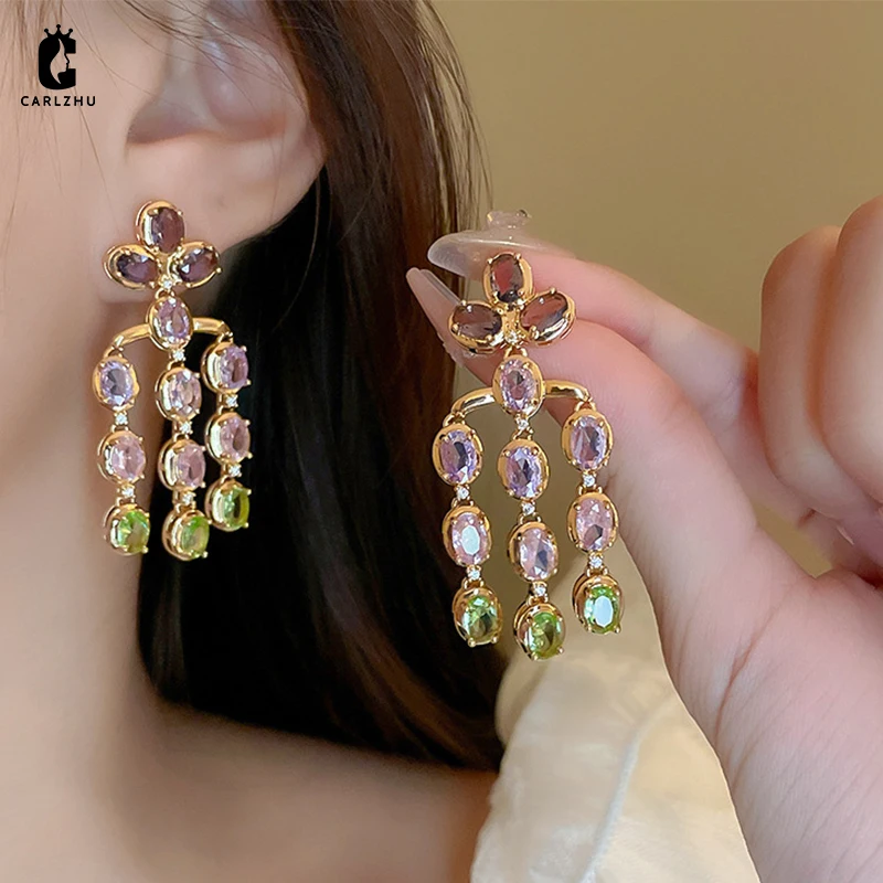 

Korean Sweet Zircon Oval Tassel Drop Earrings for Women Light Luxury High Grade Fashion Party Jewelry