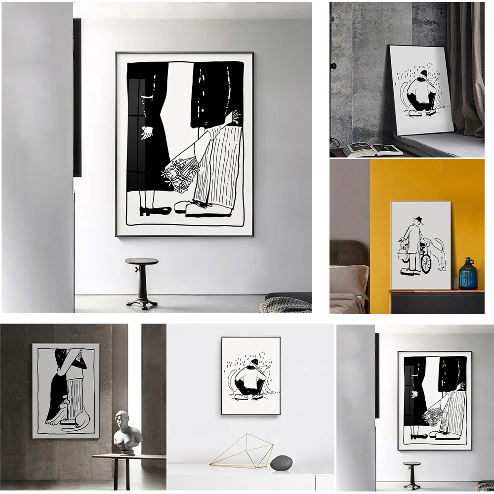 

Simple Nordic abstract black and white lines master and dog lovers porch murals poster print photo wall decoration picture