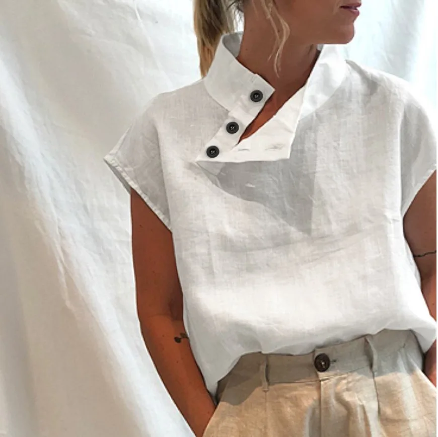 Women Stand Collar Loose T-Shirt 2023 Fashion Patchwork Net Hollow Out Blouse Tops Casual Short Sleeve Cotton Linen Shirts Blusa