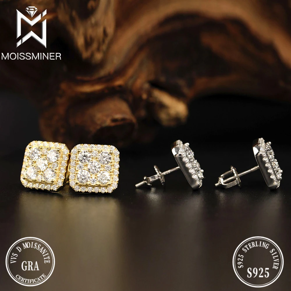 Pendientes cuadrados de diamante moissanita para mujer y hombre, aretes para oreja, probador de paso de joyería de alta gama, envío gratis