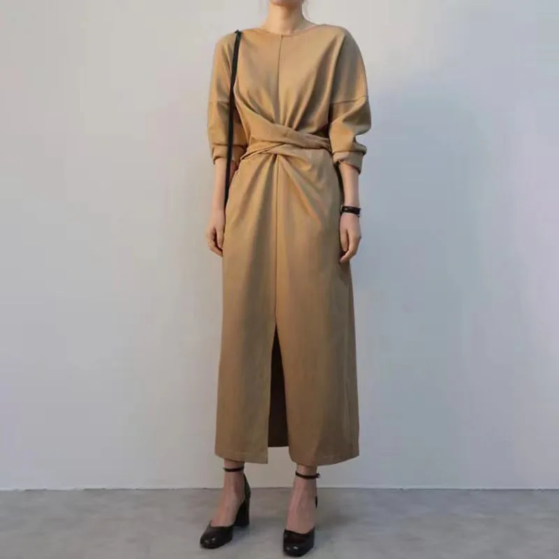 

2022 Women's Dresses Fall Fashion Lace Up Waist Long Dress Ladies Spring Elegant Solid Color O Neck Long Sleeve Slit Party Dress