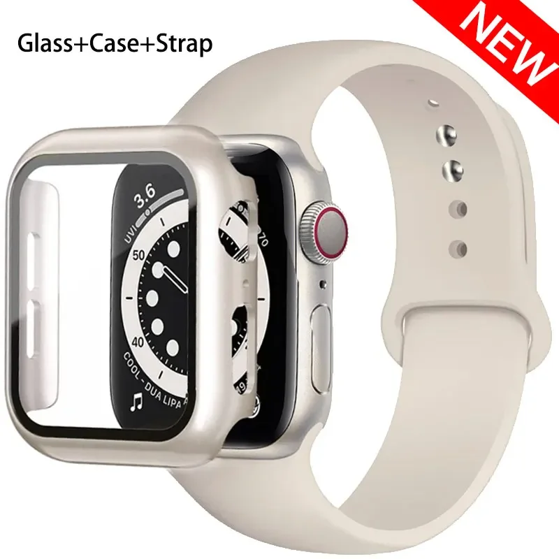 

Glass+Case+Silicone Strap For Apple Watch band 44mm 40mm 45mm correa 41mm 38mm 42mm sport bracelet iWatch serie 8 9 7 6 5 4 3 SE