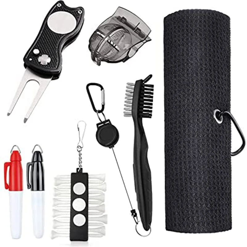 

Golf Club Cleaning Tool,Golf Towel Brush Divot Repair Tool With Ball Marker Tee Holder Marking Liner Pens Cleaner Kit