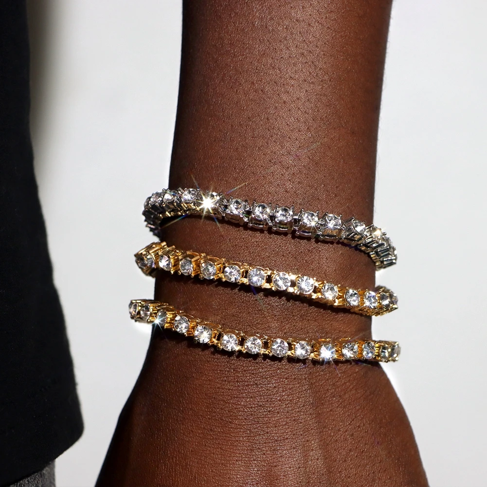 

New Bling Gold Silver Color Paved Crystal Link Chain Bracelet For Men Women Hip Hop Iced Out Rhinestone Tennis Bracelets Jewelry