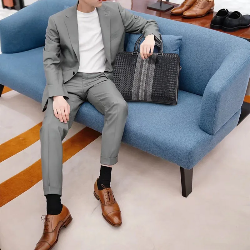 HandBag Men's Leather Luxury Brand Business Briefcase Leather Woven Bag Fashion Shoulder Bag ComputerBag Large Capacity 2023 New