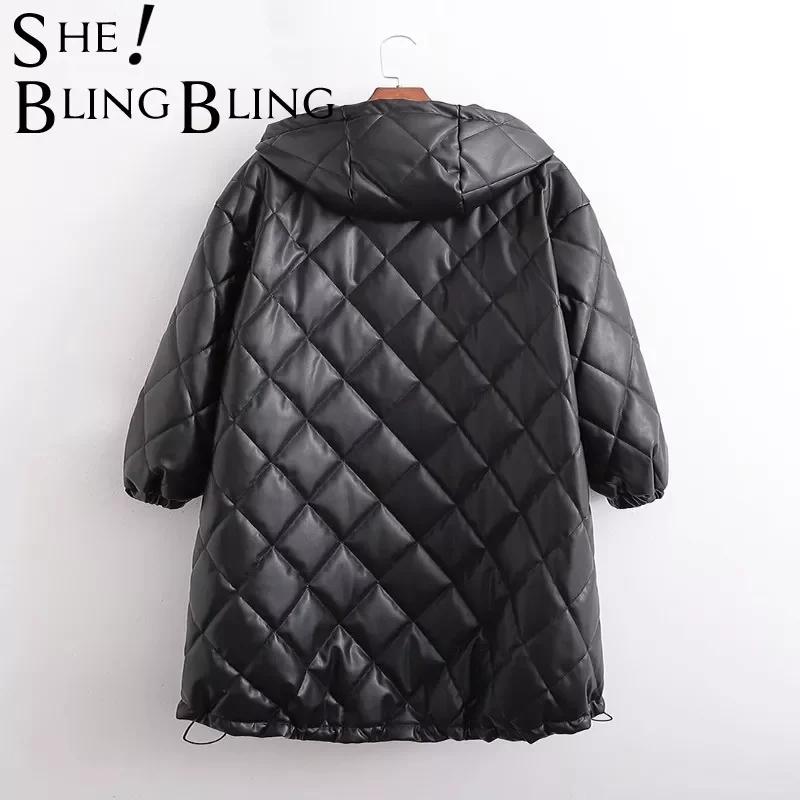 New2022 Woman 2021 Casual Traf Coats Winter Thick Argyle Quilted Padded Jacket Faux PU Leather Hooded Loose Long Parkas