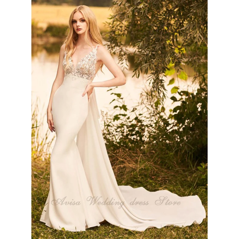 

Boho V-neck Sexy Spaghetti Straps Backless Bow Lace Appliques Mermaid Wedding Dresses Soft Satin Bridal Gown Sweep Beach vestido