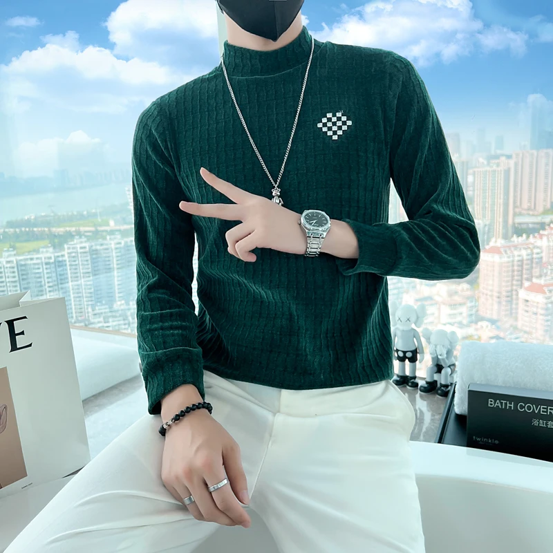 

2022 New Autumn/winter Men's Shirts Long Sleeve Solid Color Embroidered T-shirt Slim Style Men's Half Turtleneck Tunic Tops
