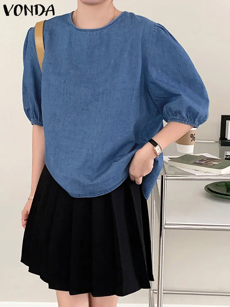 

Elegant Women Blouse VONDA 2022 Fashion Casual Half Sleeve Crew Neck Tops Summer Casual Blouse Female Blusas Femininas Oversized
