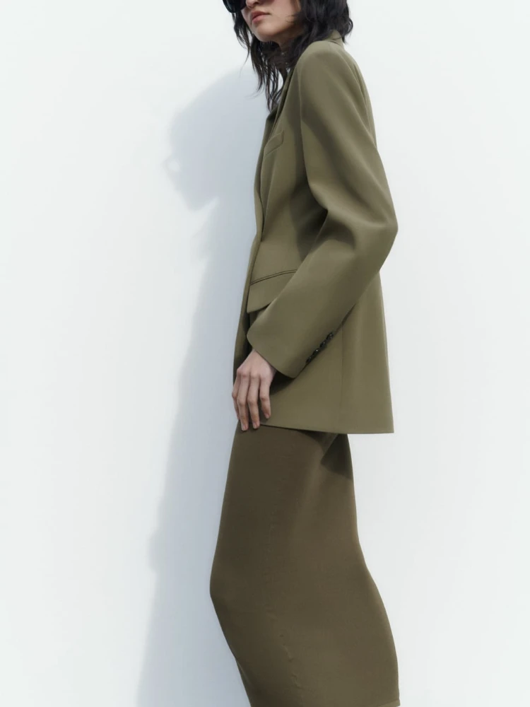 ZA Women's Spring Summer New Asymmetric Double-breasted Lapel Long-sleeved Blazer Loose Oblique Button Design Casual Suit Jacket