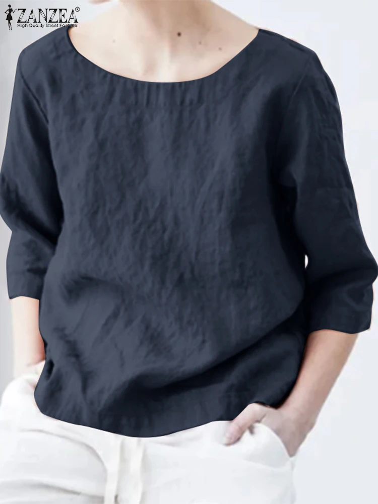 

Женская Повседневная свободная туника ZANZEA, топы большого размера, праздничные пляжные рубашки, блузы 2022, летняя хлопковая блузка с круглым ...