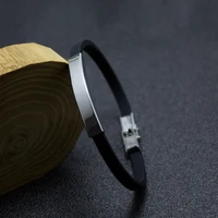 casual vintage fashion handmade black rubber bracelet silver color stainless steel bar silicone mens hand strap