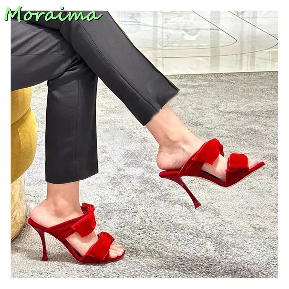 New Velevt Butterfly-Knot Slides Sexy Women Square Toe Slippers Stiletto High Heel Rosy Red Solid Elegant Banquet Summer 2023