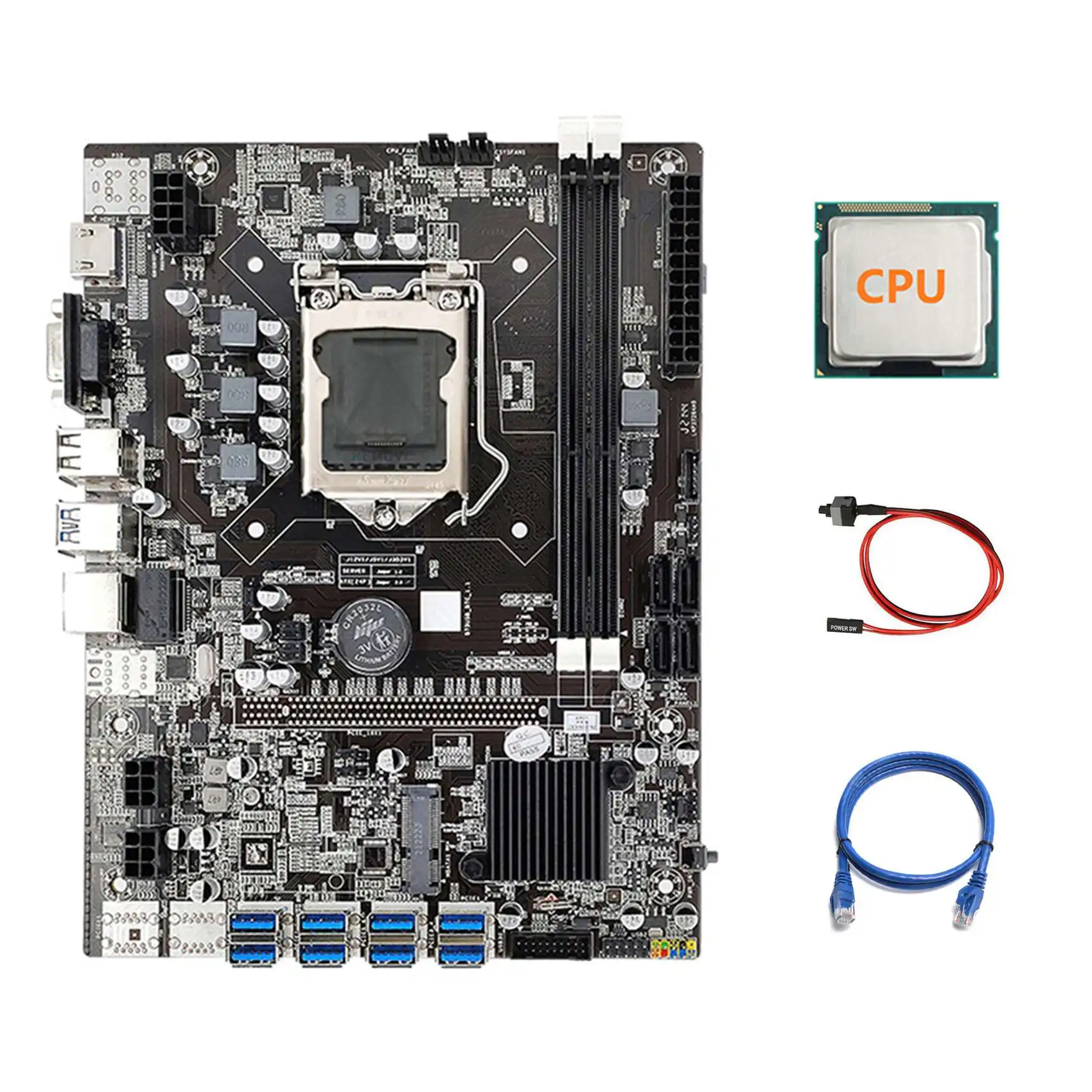 B75 ETH Mining Motherboard 8XPCIE USB Adapter+CPU+RJ45 Network Cable+Switch Cable LGA1155 MSATA B75 Miner Motherboard