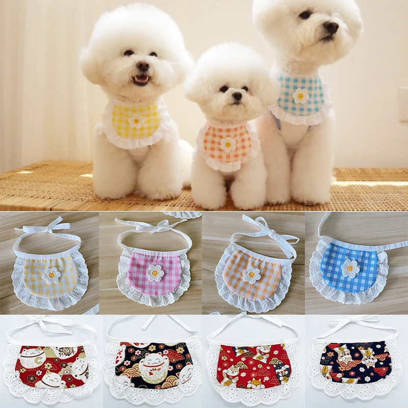 

2022 Sweet Cat Dog Collar Pet Decor Supplies Plaid Flower Scarf Bichon Teddy Puppy Clothes Accessories Best for Small Dogs Gifts