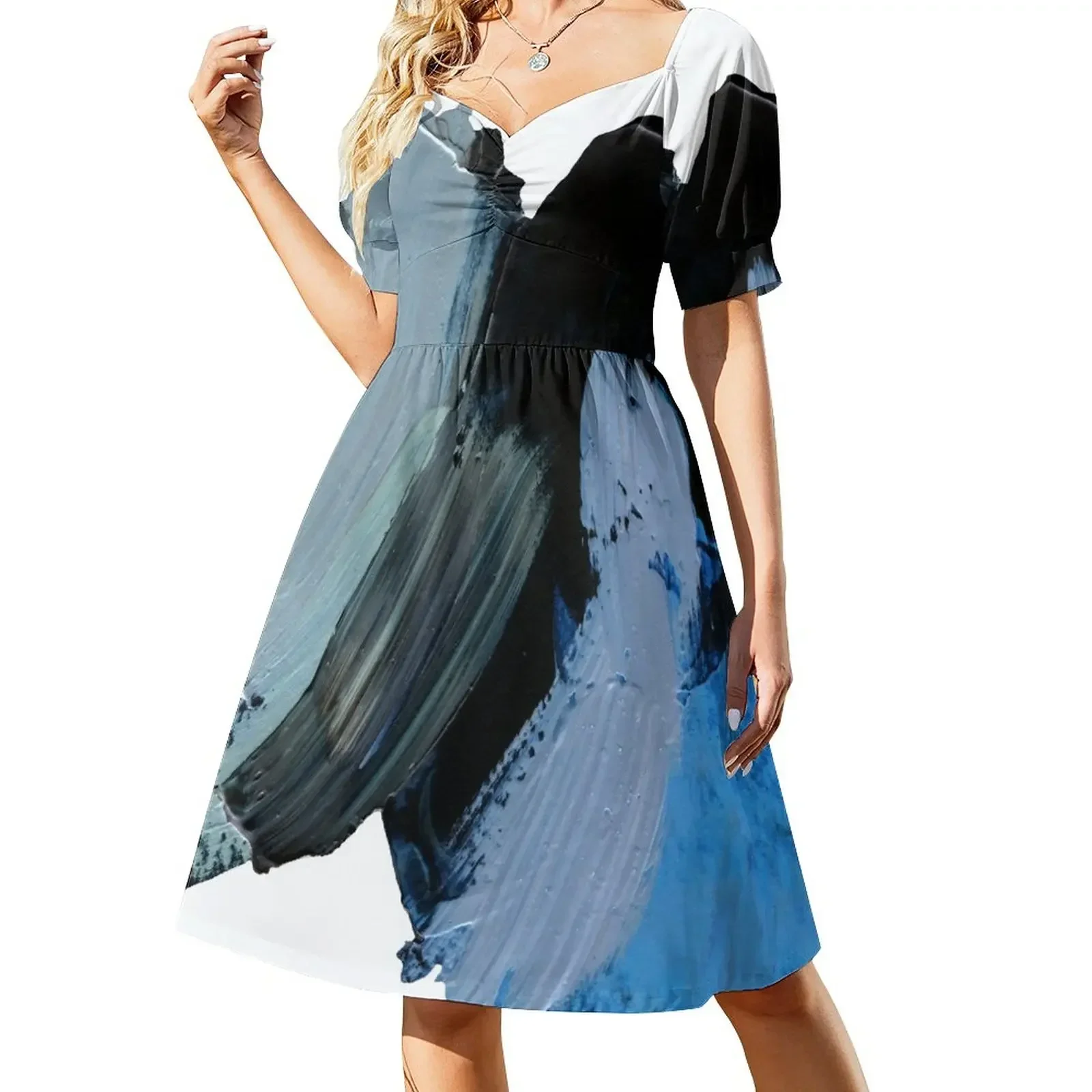 Синее аква и черное абстрактное платье без рукавов с широкими мазками летние