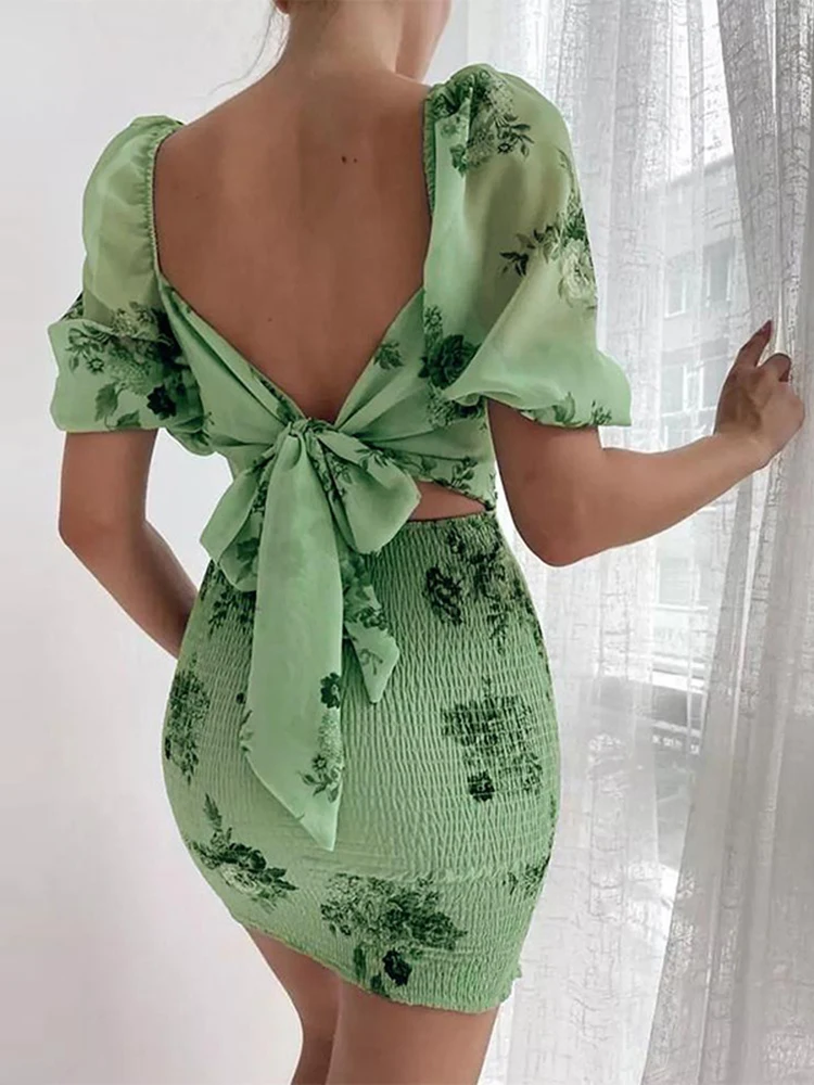 

Женское облегающее мини-платье с открытой спиной, элегантное винтажное платье с квадратным вырезом Вечерние цветочным принтом, лето 2022