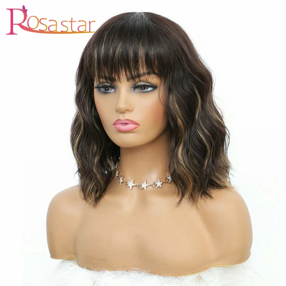

Synthetic Wigs with Bangs Short Highlight for Women Curly Bob Wavy Wig for Girl Natural Looking Wavy Wigs (Brown Mixed Blonde )