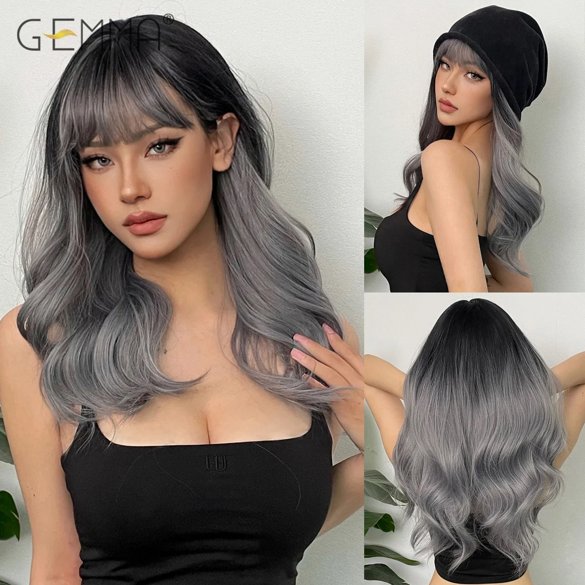 

GEMMA Ombre Black to Gray Synthetic Long Wavy Wig with Bangs Ash Natural Cosplay Daily Wigs for Women Heat Resistant Fake Hair