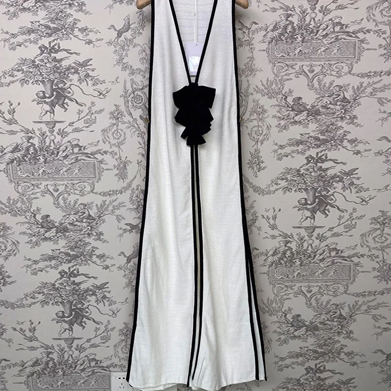 

High Quality Wool Silk Blend Maxi Dress Chic Removable Big Bow Flower A-line Dress 2023 Early Autumn New Lady Party Evening Robe