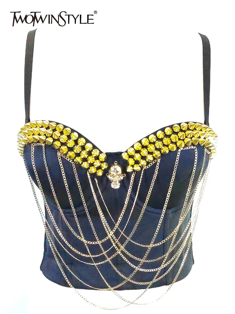 

TWOTWINSTYLE Patchwork Rivet Sexy Vests For Women Strapless Sleeveless Camisole Slimming Temperament Vest Female Fashion 2023