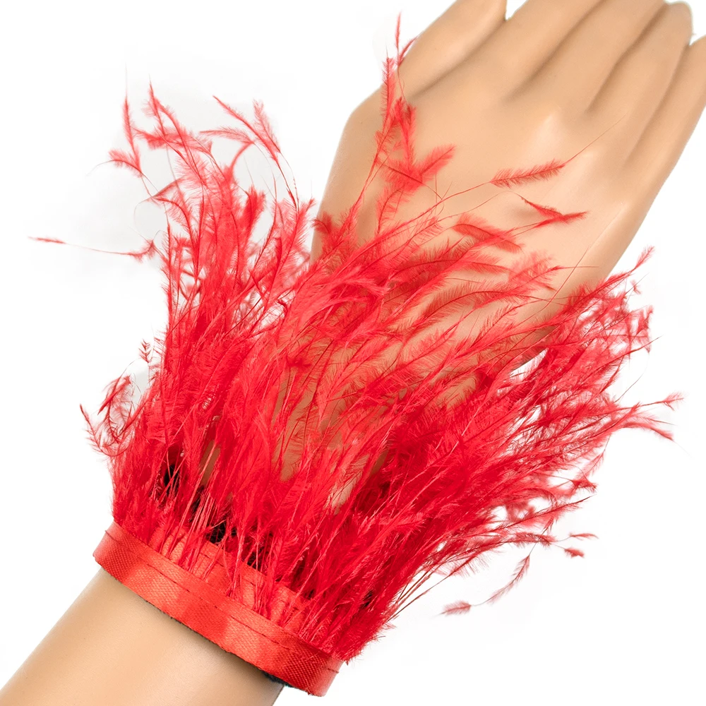 

1PCS Silk Ostrich Feather Trims Wristband Decor Fur Red Silk Thin Plumes ribbon Bracelet Cuff Hair Anklet Slaps on Cuff Sleeve