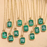 stainless steel zircon crystal zodiac sign necklace gold plated malachite 12 constellation pendant chain choker birthday jewelry