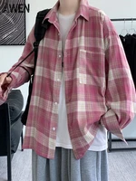 awen loose plaid shirts korean chic checked cardigan blouses and tops new cotton casual oversized soft long sleeve loose outwear