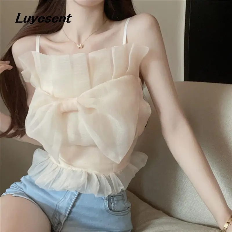 

Beige Female Organza Sweet Short Length Camis Summer Lady Big Bow Ruffles Thin Camisole Korean Mujer Backless Vest Chic Crop Top