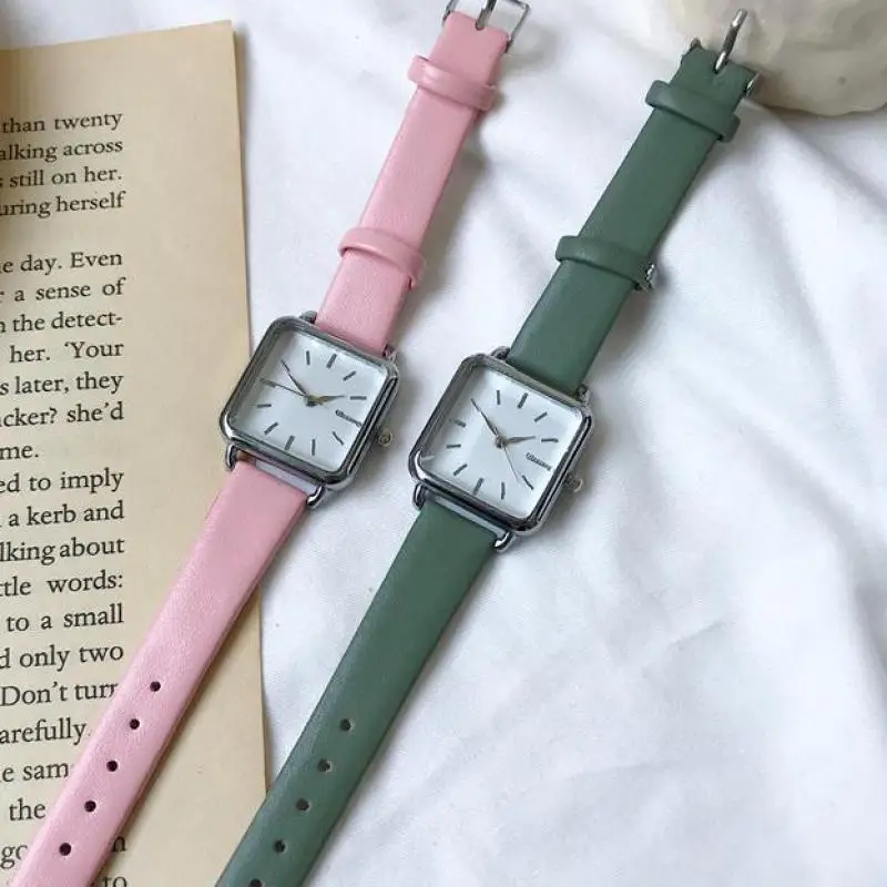 Часы женские кварцевые с кожаным ремешком простые квадратные повседневные